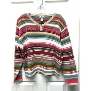 Vintage Tiara International Striped Henley Knit Sweater XL Y2K Eclectic Grandpa